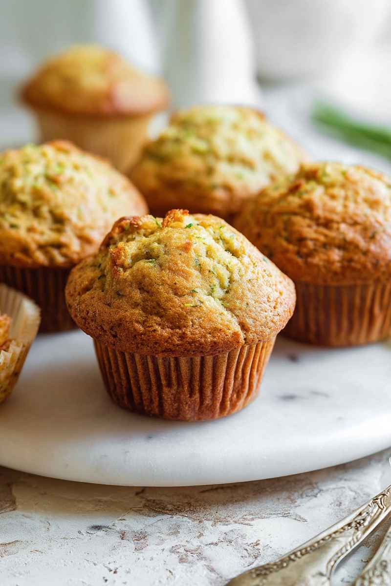 Golden courgette muffins with a sprinkle of green zest, displayed on a rustic table.