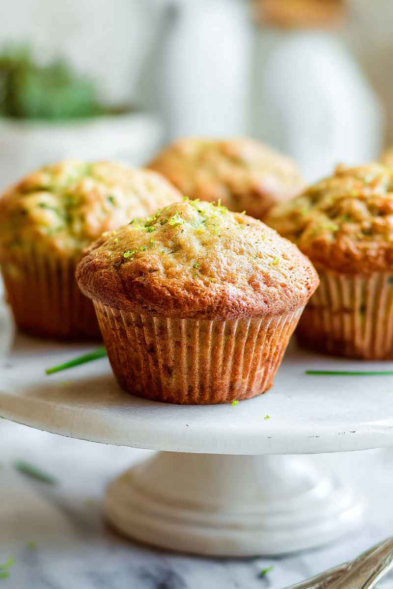 Golden-brown lemon courgette muffins topped with green zest, arranged on a white marble stand.