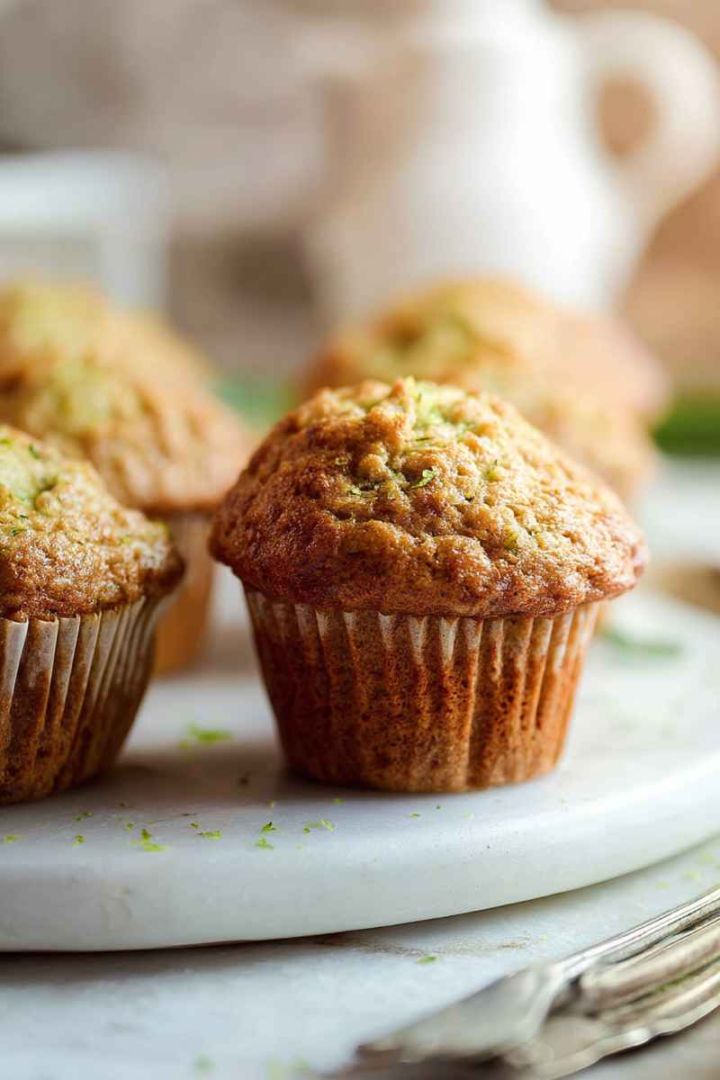 Delicious golden muffins with a hint of green zest, placed on a white plate.