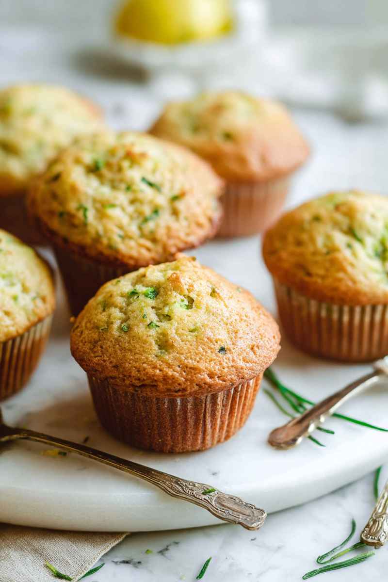 A close-up of golden muffins with green zest, surrounded by herbs and a vintage spoon.