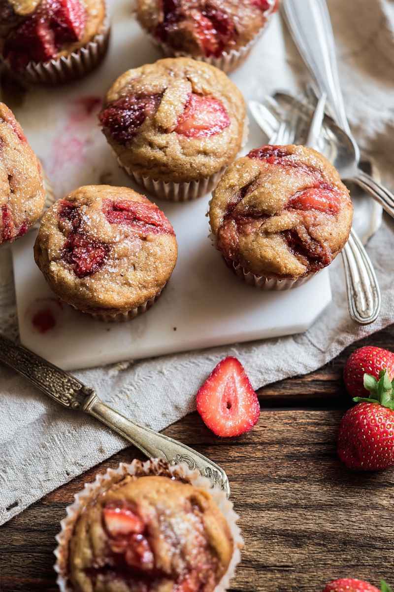 Honey Strawberry Muffins with vibrant red strawberry swirls, dusted with powdered sugar, arranged on a marble tray.