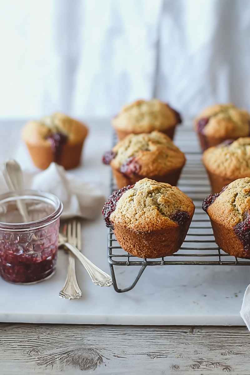 A tray of golden-brown jam-filled muffins cooling on a wire rack, with a jar of raspberry jam and vintage forks nearby.