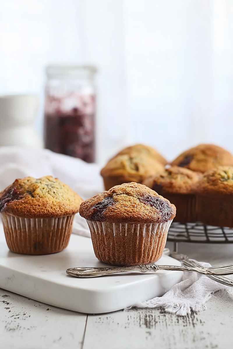 Two blueberry muffins on a white surface, showcasing their golden texture and blueberry specks, with a jar of blueberry jam in the background.