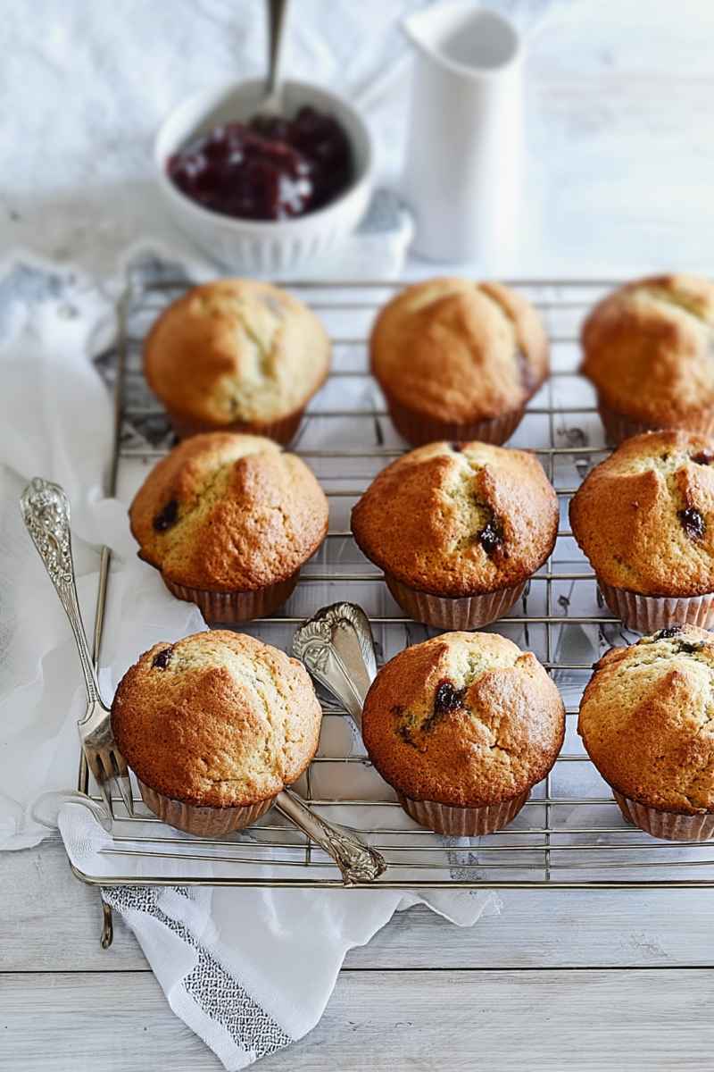 A batch of golden blueberry muffins cooling on a wire rack, surrounded by vintage forks and a bowl of blueberry jam.