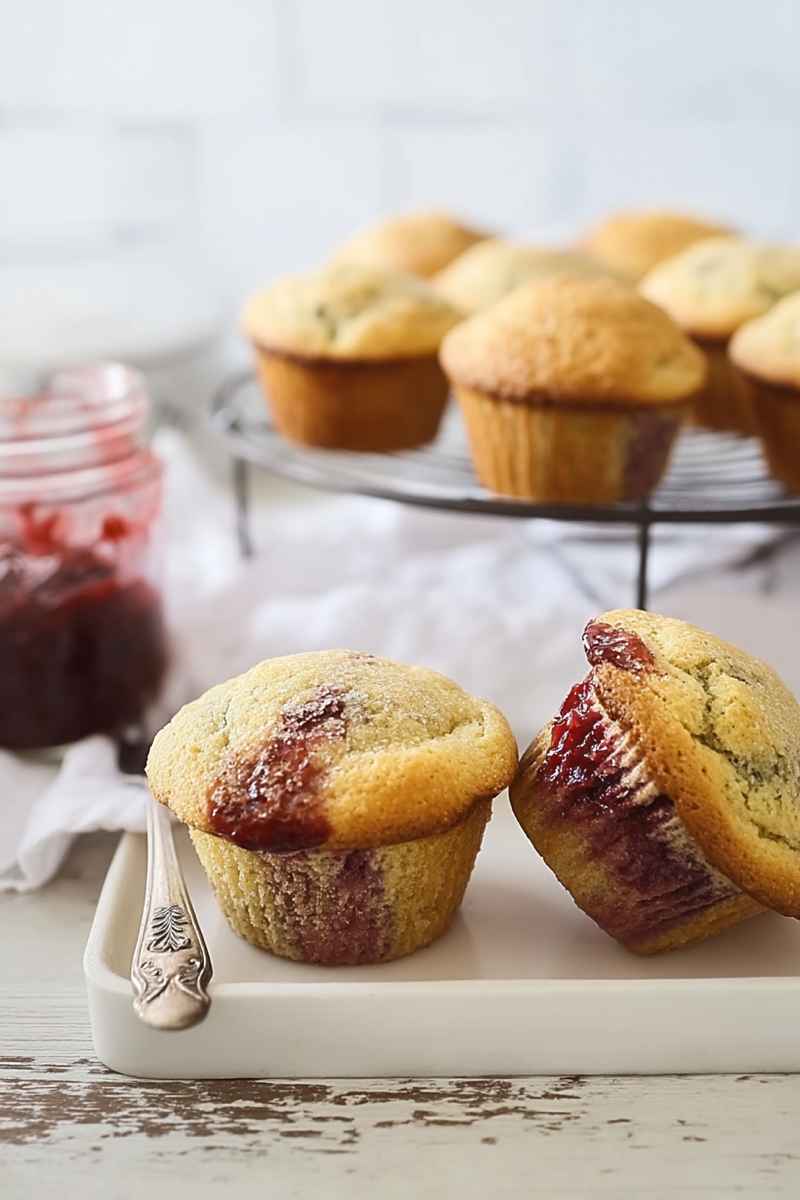 Two raspberry-stuffed muffins on a white plate, one cut open to reveal the vibrant filling, with a jar of raspberry jam in the background.