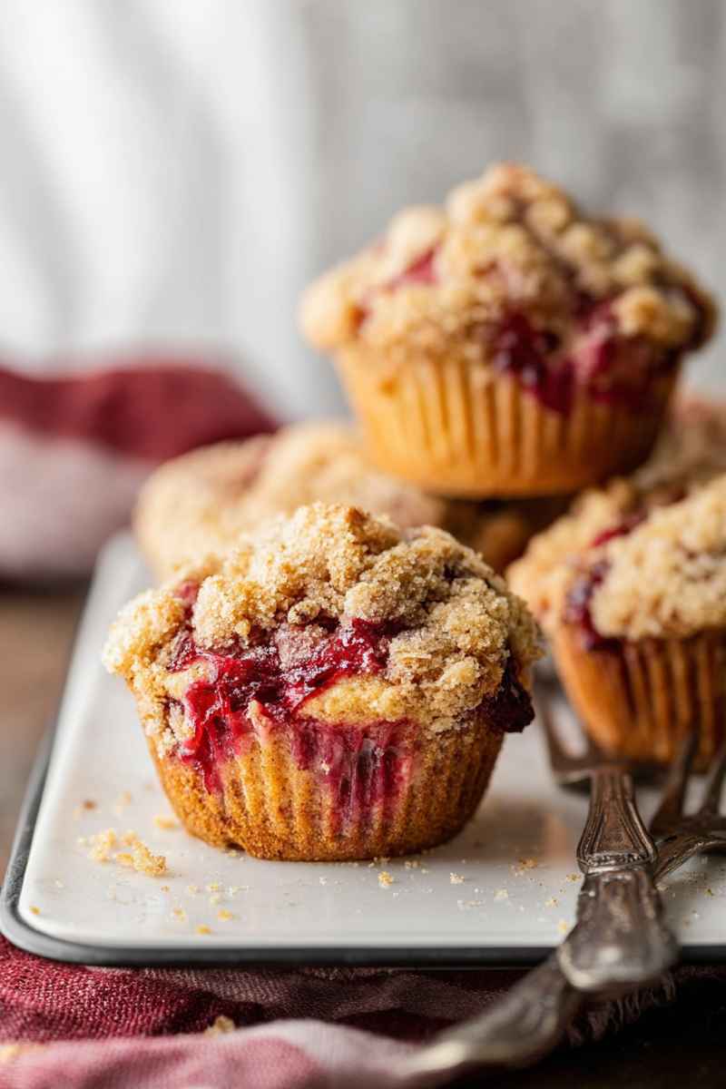 A plate of golden-brown cranberry coffee cake muffins topped with a crumbly sugar mixture, showcasing their juicy cranberry filling.
