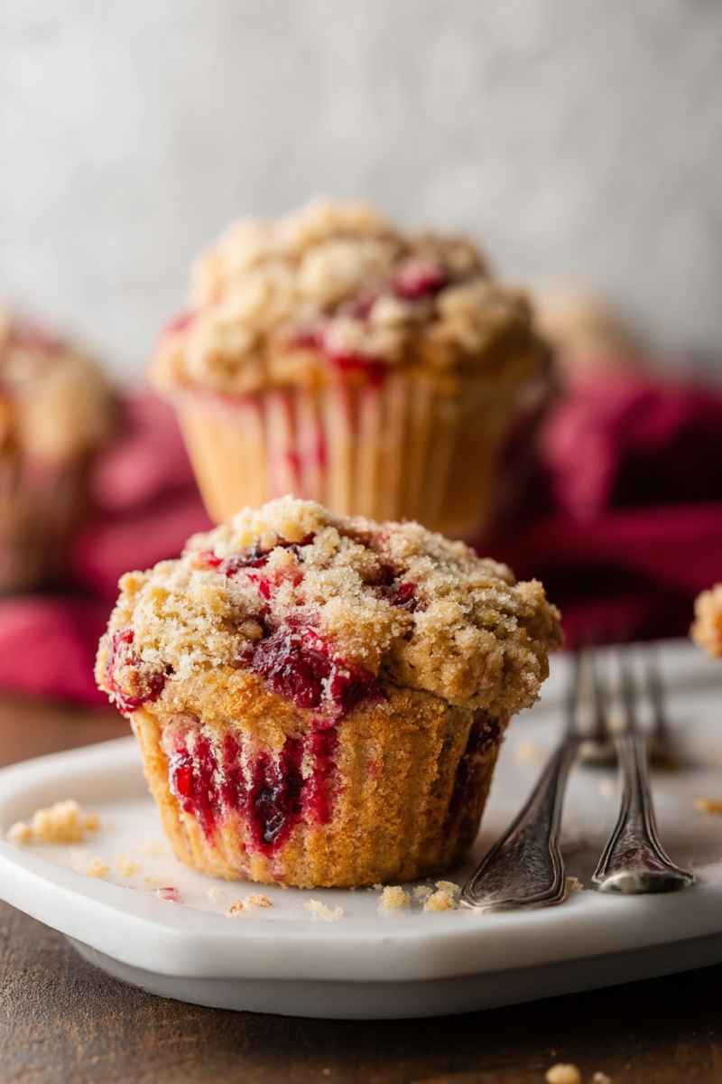 A close-up of a cranberry crumble muffin on a white plate, highlighting its golden crust and vibrant cranberry filling.