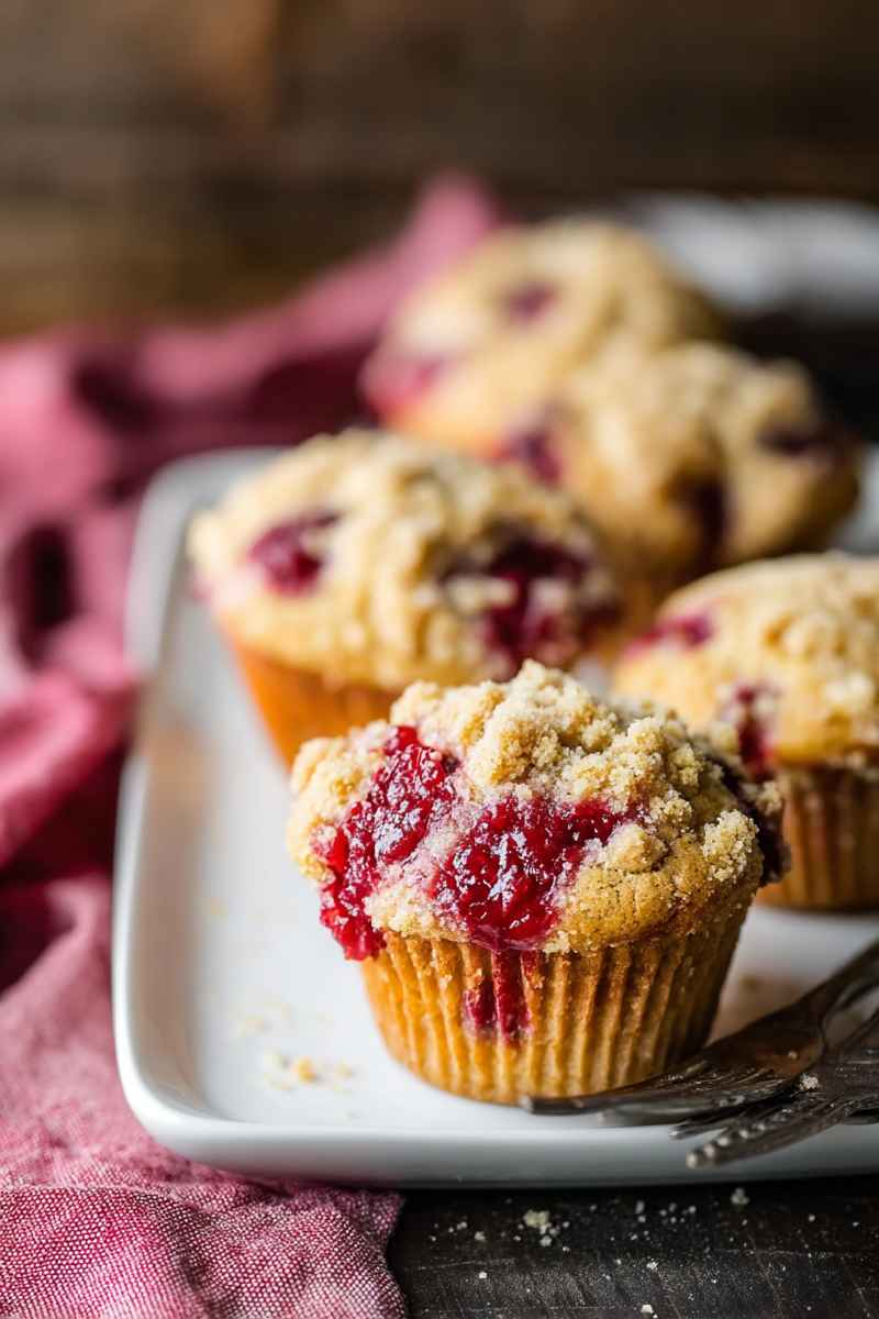 A tray of cranberry coffee cake muffins, neatly arranged and ready to enjoy, with a cozy kitchen setting in the background.