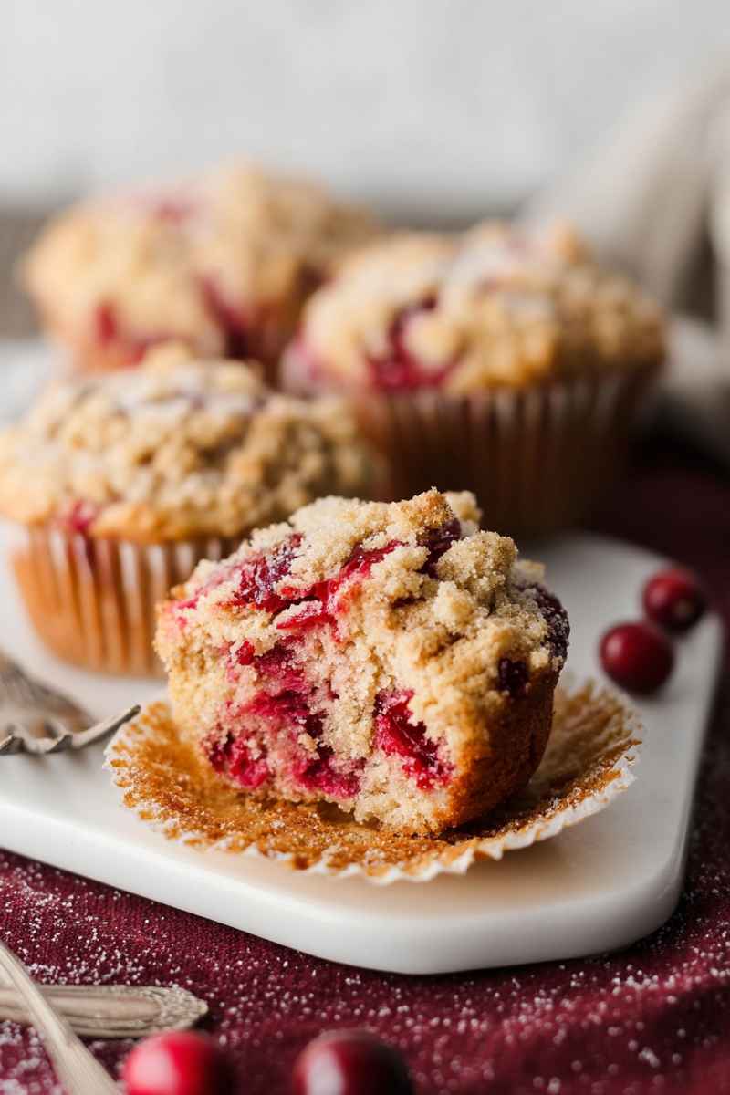 A close-up of a sliced cranberry coffee cake muffin on a white plate, showcasing its moist interior filled with vibrant cranberry sauce and topped with a buttery crumb topping.