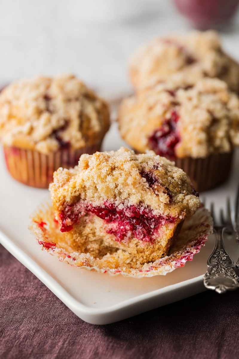 A stack of cranberry crumble muffins on a white plate, highlighting their golden-brown tops and vibrant cranberry filling peeking through.