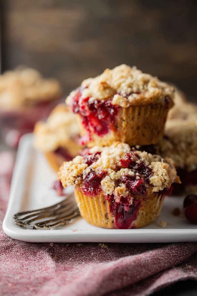 A plate of cranberry coffee cake muffins, stacked and ready to serve, with a fork nearby, emphasizing their inviting appearance.