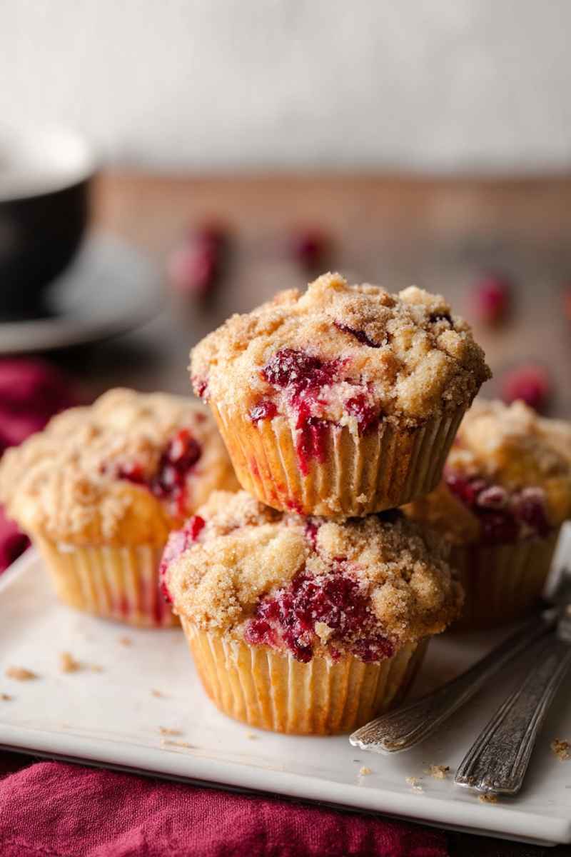 A plate of cranberry muffins with a crumbly topping, showcasing their golden-brown crust and juicy cranberry filling.
