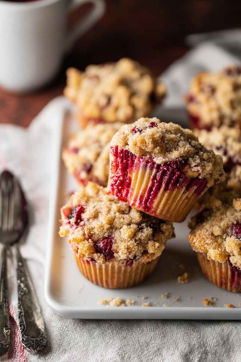 A tray of cranberry coffee cake muffins, neatly arranged and ready to enjoy, with a cozy kitchen setting in the background.