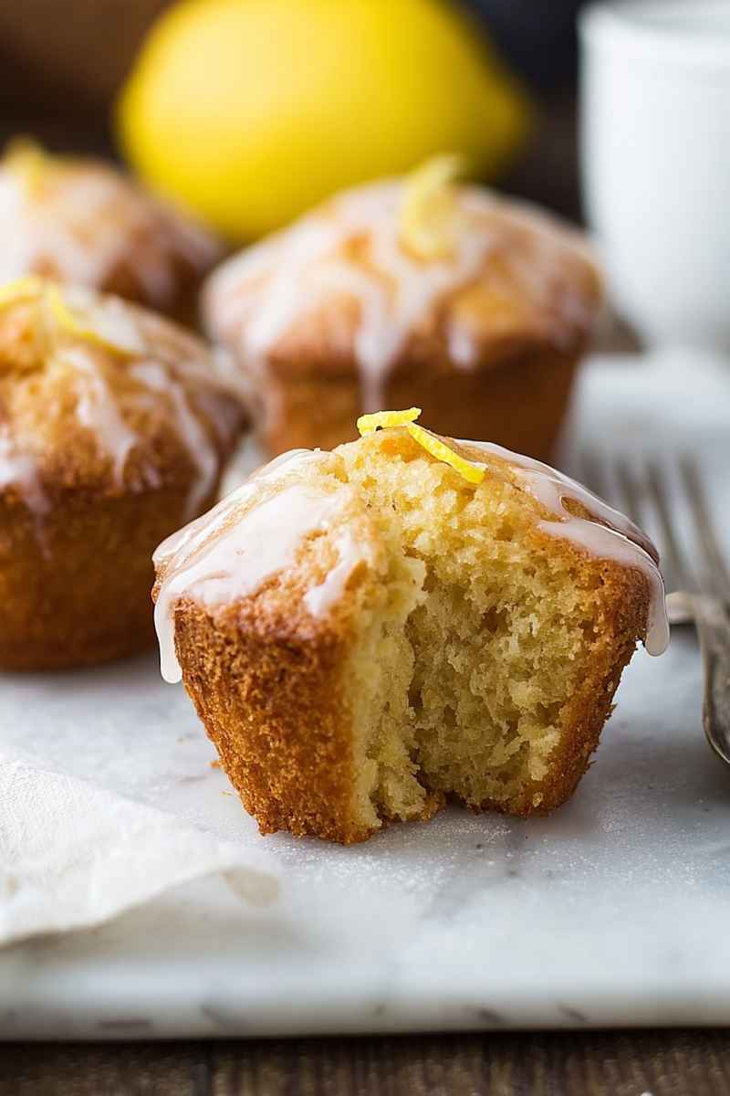 A halved lemon muffin revealing its moist, fluffy texture, topped with a lemon twist and drizzled glaze.