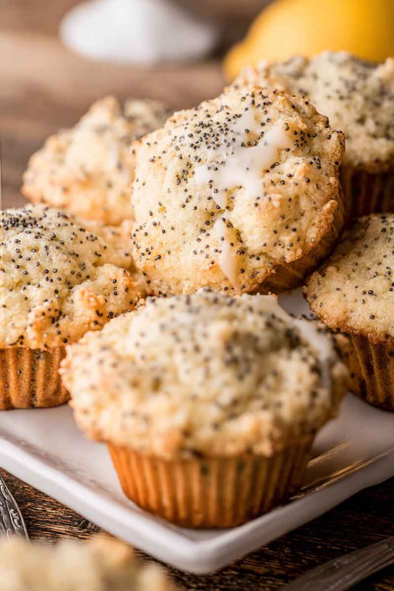 Golden-brown Lemon Poppy Seed Muffins topped with creamy lemon glaze and sprinkled with poppy seeds.