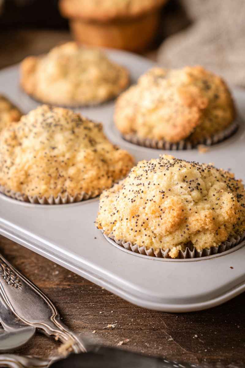 Golden-brown Lemon Poppy Seed Muffins topped with crumbly streusel, sitting in a muffin tin on a wooden surface.