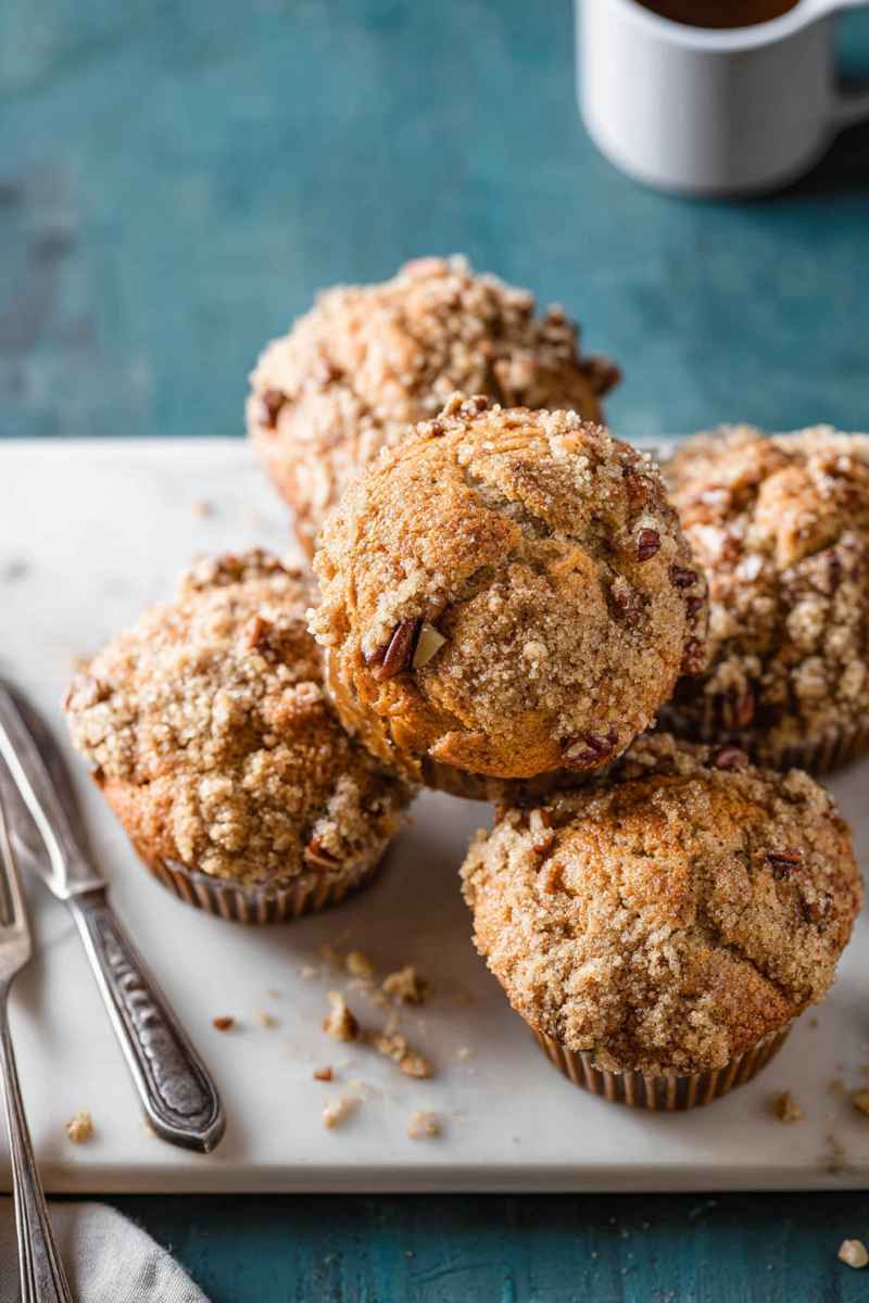 A stack of Maple Pecan Muffins with crumbly streusel topping, placed on a marble board.