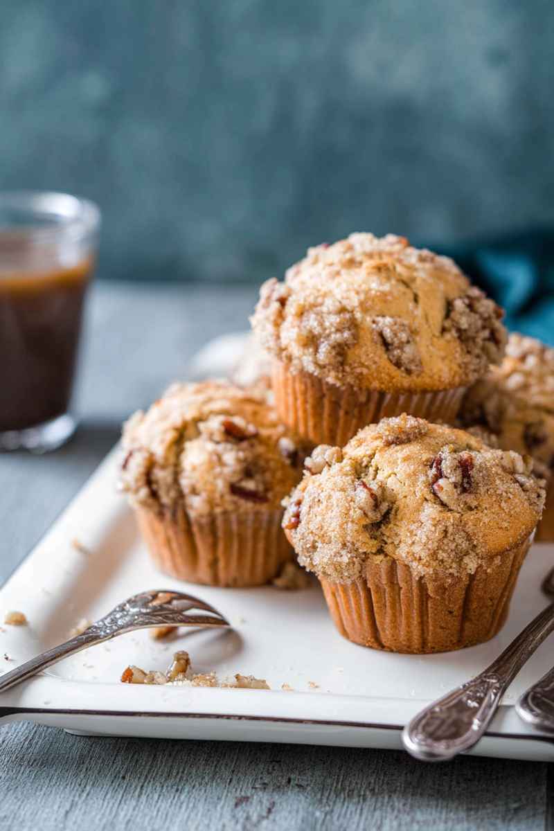 Maple Pecan Muffins with a golden dome and crumb topping, served on a white platter near a glass of coffee.