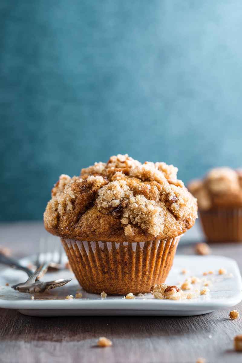A single Maple Pecan Muffin with a golden dome and crumb topping, served on a plate.