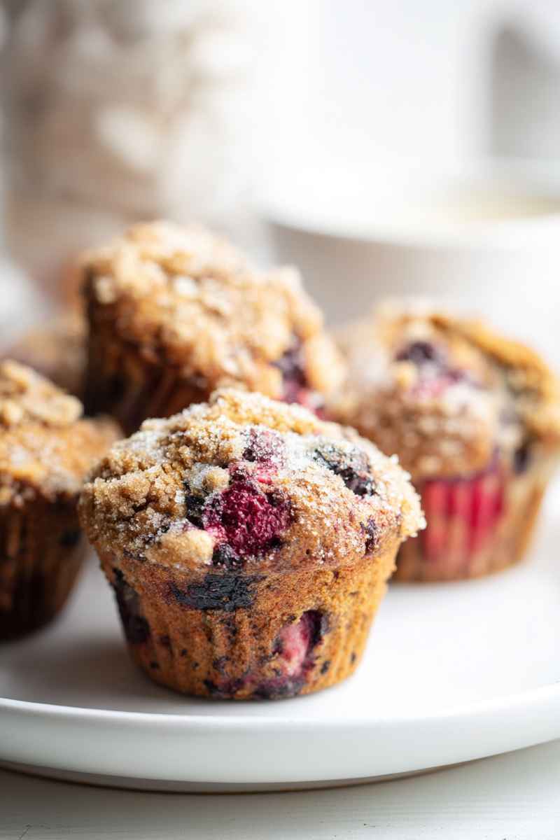 A plate of mixed berry muffins with a textured, sugared topping, emphasizing their homemade charm.