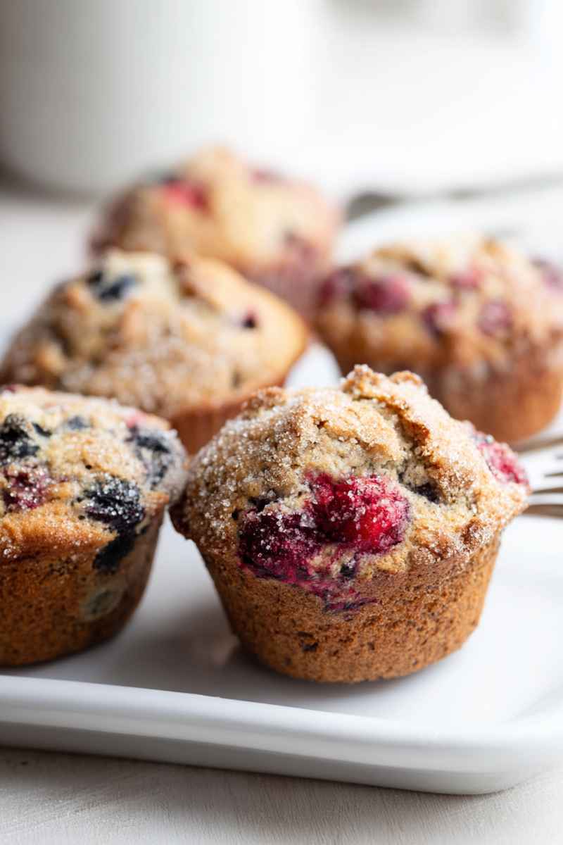 A plate of freshly baked mixed berry muffins, highlighting their golden exterior and colorful berry specks.
