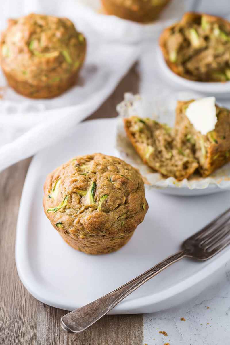 A zucchini muffin topped with butter, served on a white plate with a fork nearby.