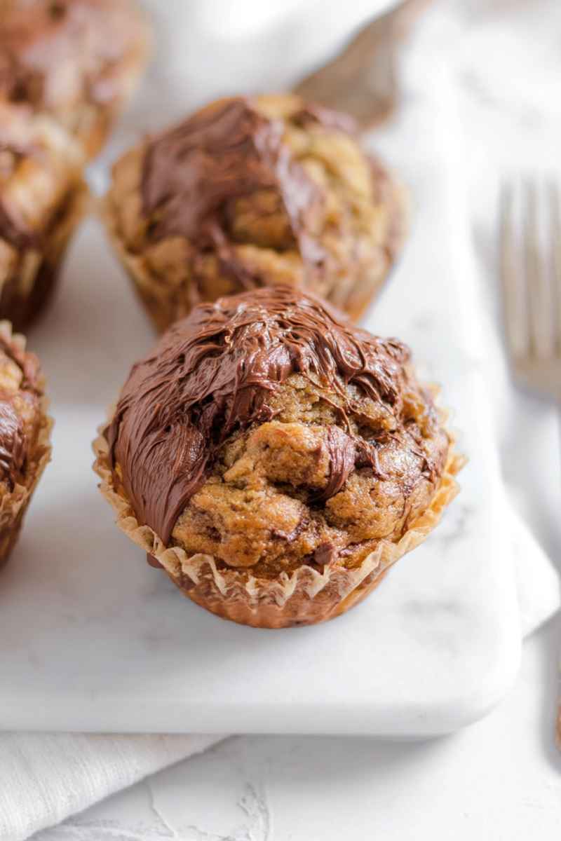 Fluffy banana muffins with a glossy Nutella swirl on top, placed on a white plate.
