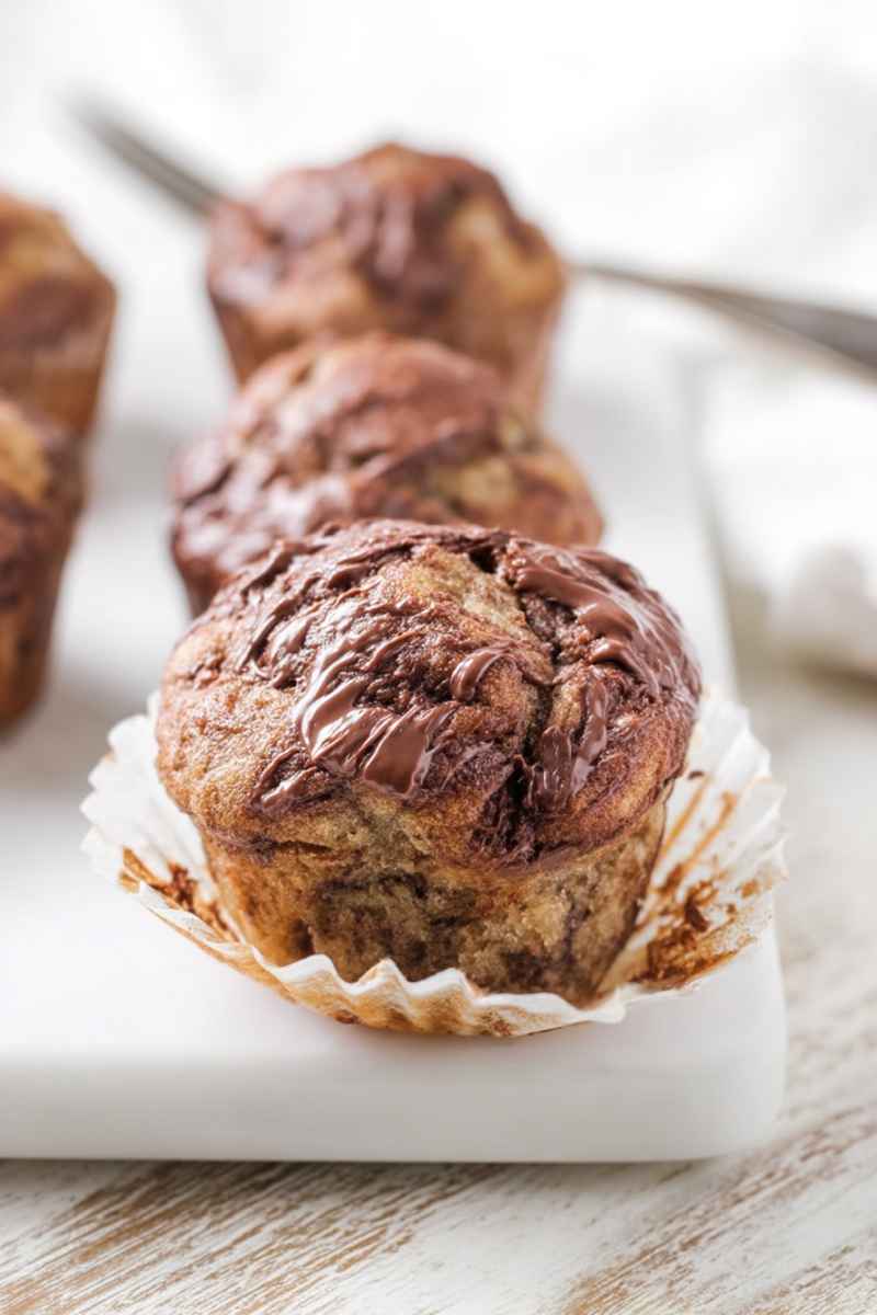 Moist banana muffins topped with a luscious Nutella swirl, ready to be enjoyed.