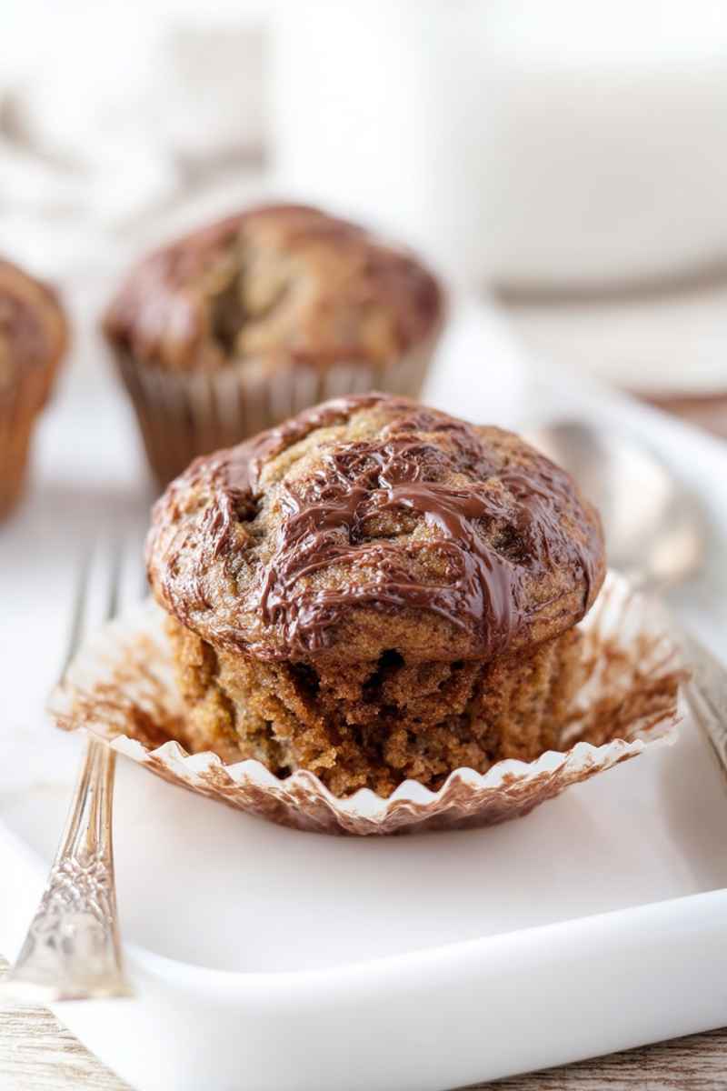 Delicious banana muffins with a glossy Nutella swirl on top.