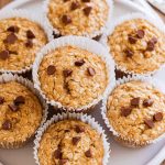 A plate of golden-brown oatmeal muffins with chocolate chips on top, nestled in white paper liners.