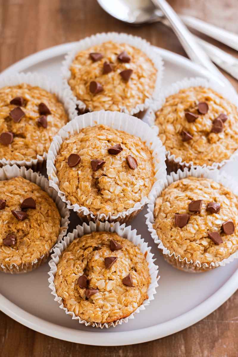 A plate of golden-brown oatmeal muffins with chocolate chips on top, nestled in white paper liners.