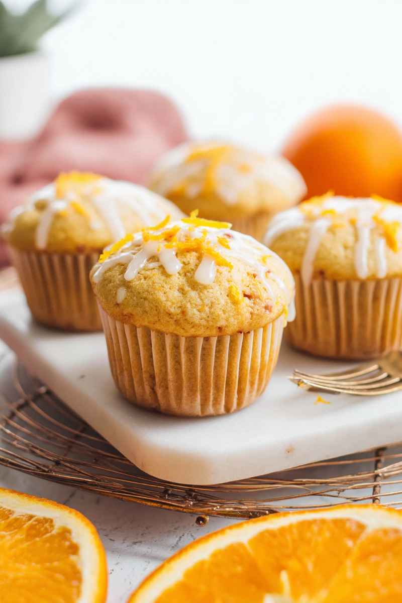 Golden-brown orange muffins drizzled with white glaze and sprinkled with orange zest, sitting on a marble tray.