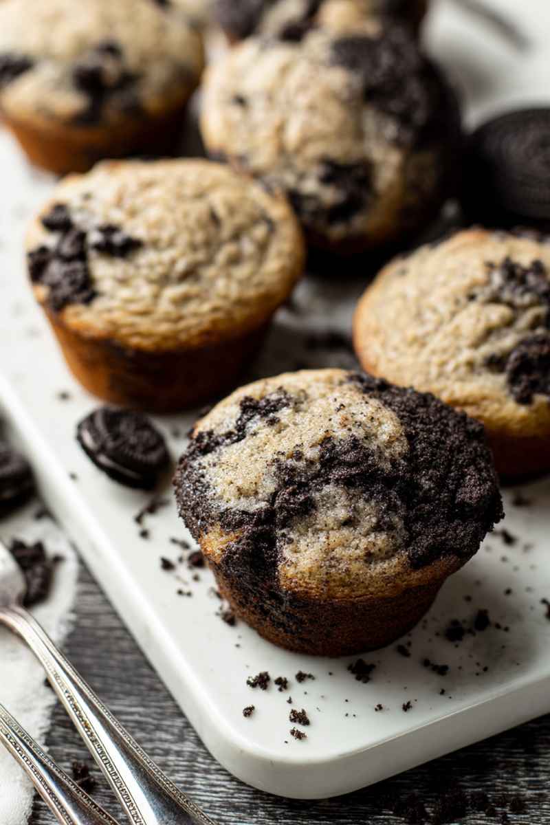 Fluffy Oreo muffins stacked on a white plate, topped with crumbly streusel and surrounded by scattered Oreo crumbs.