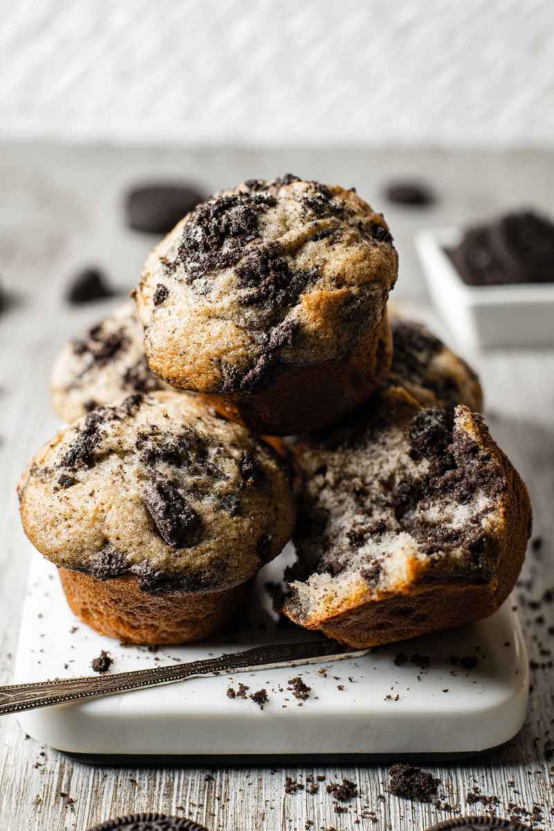 Oreo muffins stacked on a white plate, one cut open to reveal the moist, cookie-filled interior.