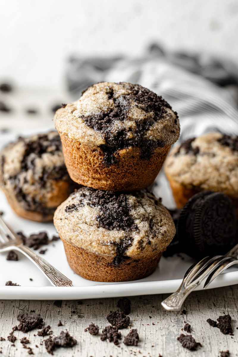 Stacked Oreo muffins on a white plate, showcasing their golden-brown crust and crumbly streusel topping.