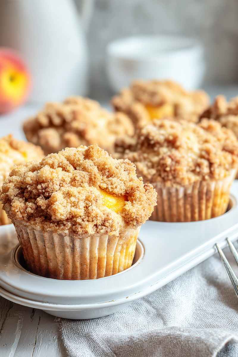 Baked peach muffins with a crumbly topping, presented on a white serving dish.