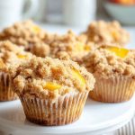 Golden peach muffins with a crumb topping, arranged on a white stand.