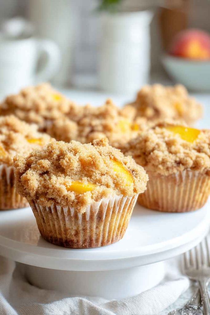 Golden peach muffins with a crumb topping, arranged on a white stand.