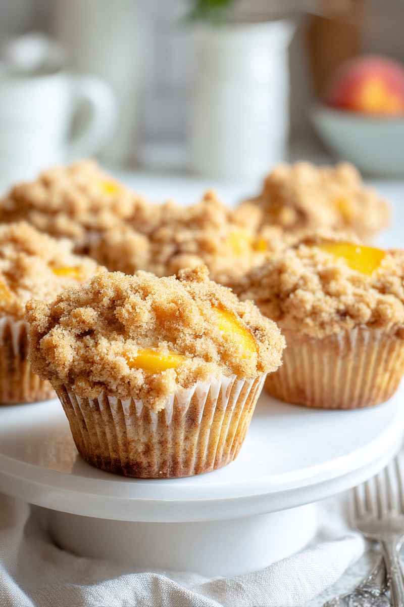 Golden peach muffins with a crumb topping, arranged on a white stand.