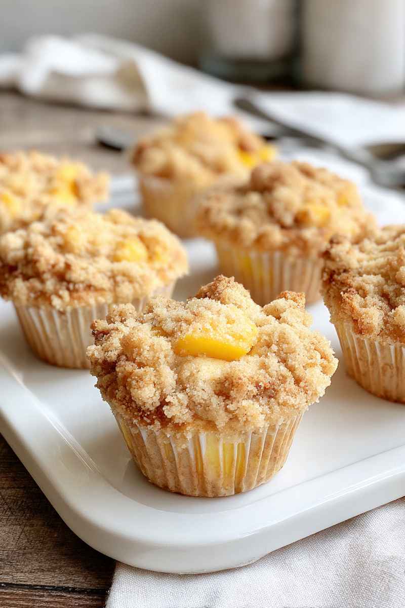 Golden-brown peach muffins with a generous crumb topping, arranged on a white plate.