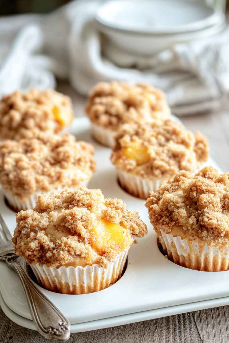 Fluffy peach muffins topped with a buttery cinnamon crumb, displayed on a white tray.