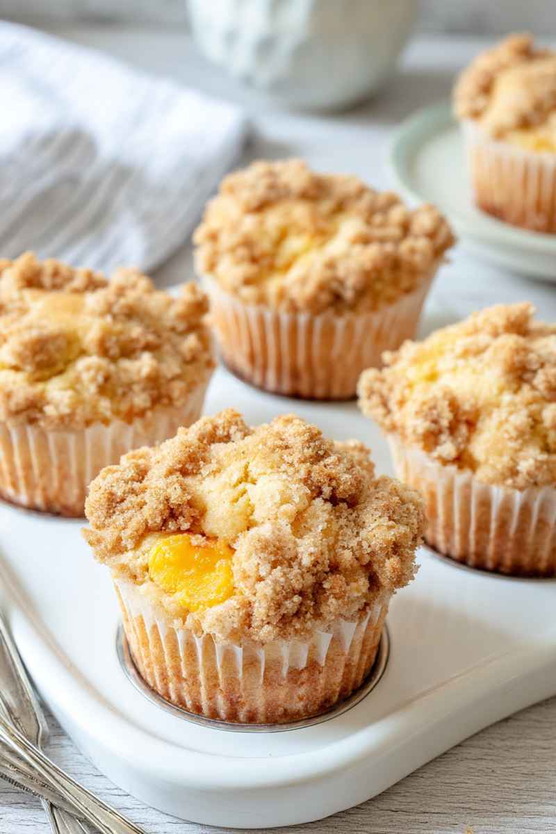 Moist peach muffins with a golden crumb topping, served on a white plate.