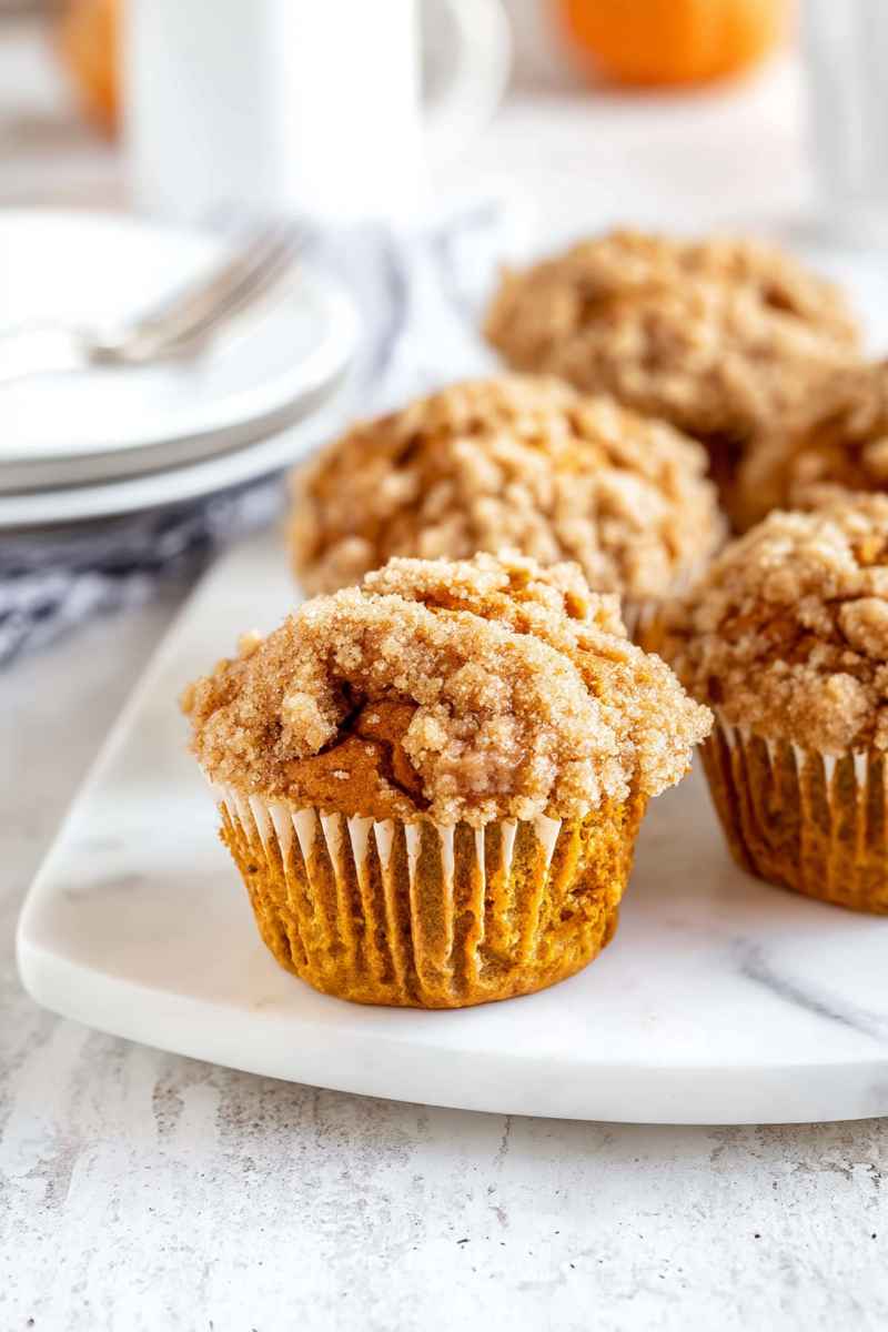 Golden pumpkin muffins topped with a crumbly streusel and vanilla glaze, served on a white marble board.