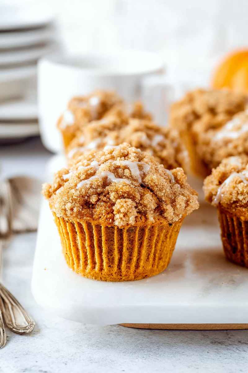 Delicious pumpkin muffins with a golden streusel topping and vanilla glaze, arranged on a marble tray.