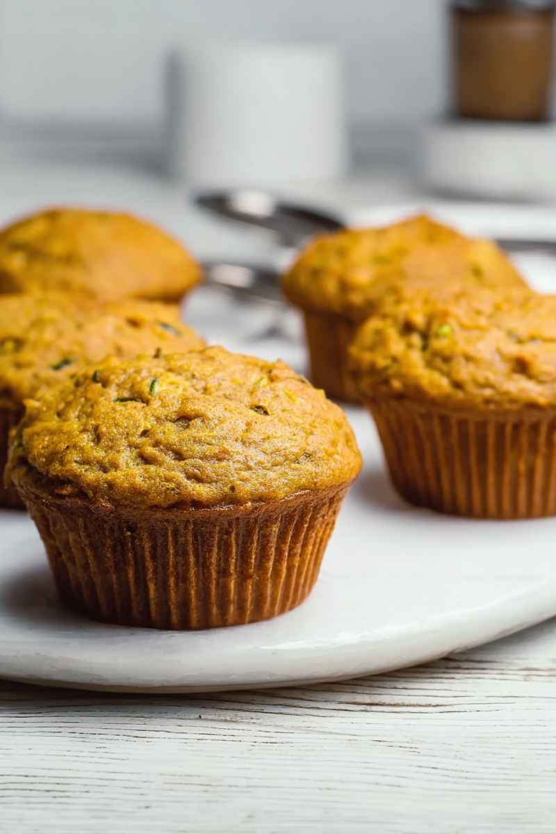 Golden-brown pumpkin zucchini muffins on a white plate, showcasing their moist texture and warm spices.