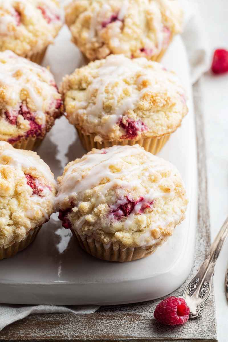 A batch of raspberry muffins with a golden streusel topping, arranged neatly on a white plate.