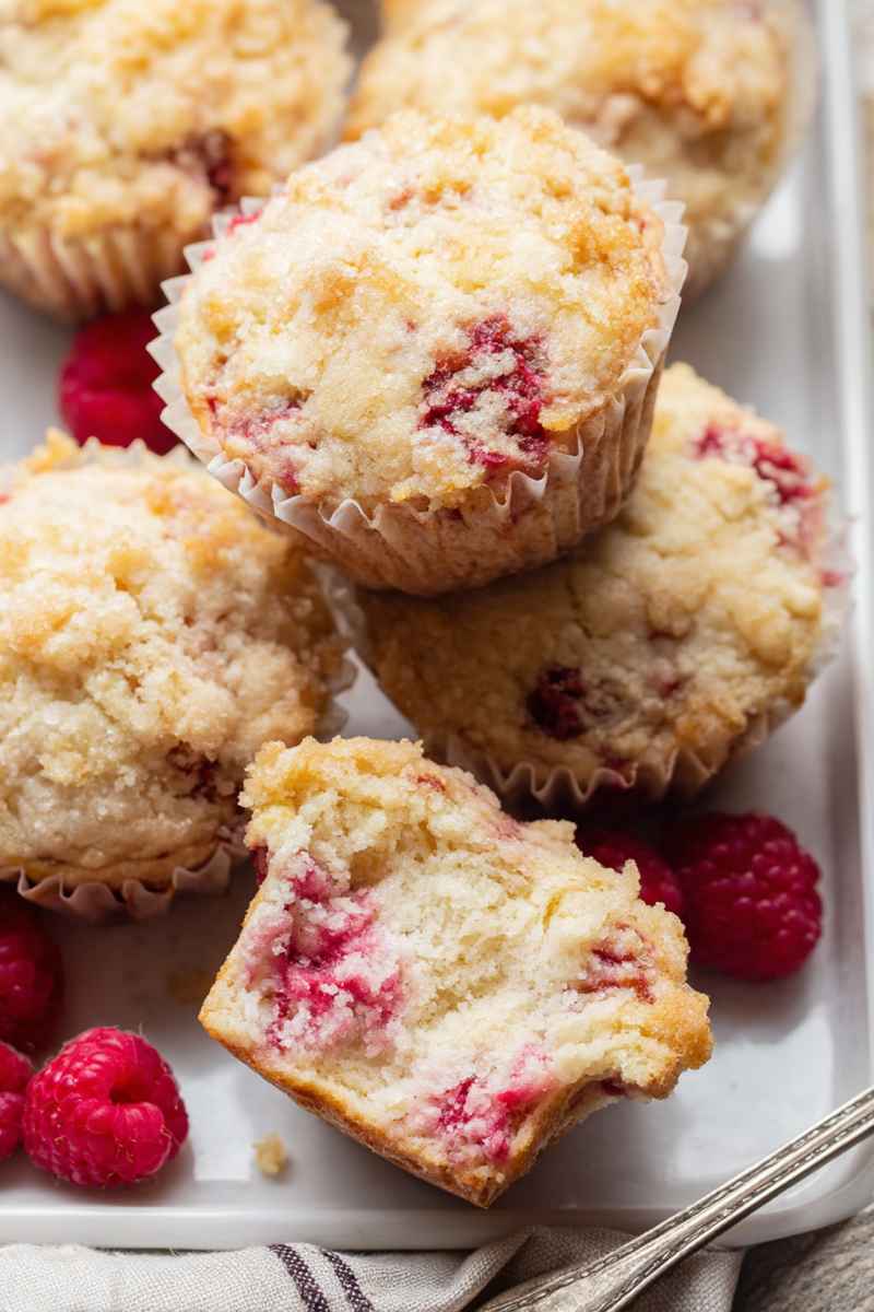 Close-up of a sliced raspberry muffin revealing its moist interior filled with juicy berries, alongside whole raspberries.