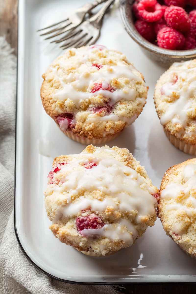 Golden-brown raspberry muffins with a crumbly streusel topping and a hint of vanilla glaze, set on a white tray.