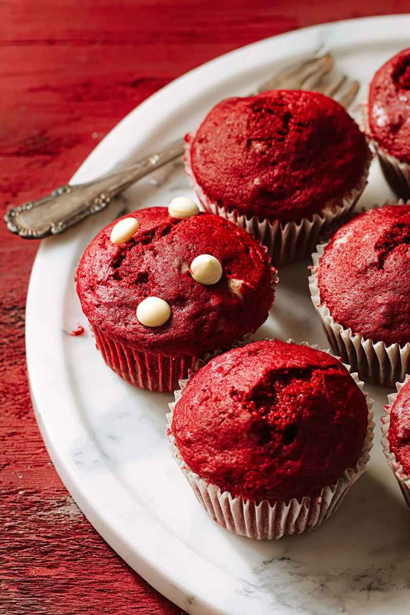 A plate of glossy red velvet muffins with white chocolate chips, set against a vibrant red backdrop, creating a striking visual appeal.