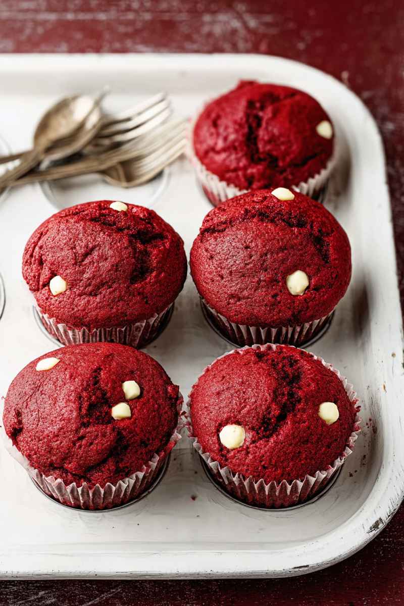 A tray of glossy red velvet muffins with white chocolate chips, arranged neatly on a white plate with vintage forks nearby.